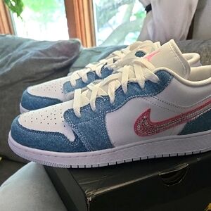Air Jordan 1 Low White and Blue Denim Sneakers with Pink Sparkles Logo
